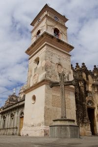 Image of Iglesia de la Merced from the street level in Granada, Nicaragua.