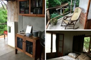 Three images of La Via Verde B&B on Ometepe Island. On the left is the shared area with a fridge and books to borrow. On the top right, my private balcony with rocking chair and hammock. On the bottom right, my bedroom with doors out to the patio.