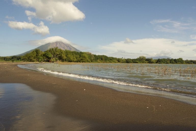 View of Volcanos Maderas and Concepcion from Punta Jesus Maria. Taken while standing in Lake Nicaragua off of Ometepe Island.