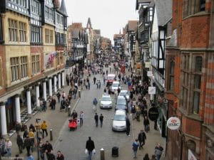 Image of Chester's city centre as viewed from the clocktower in England.
