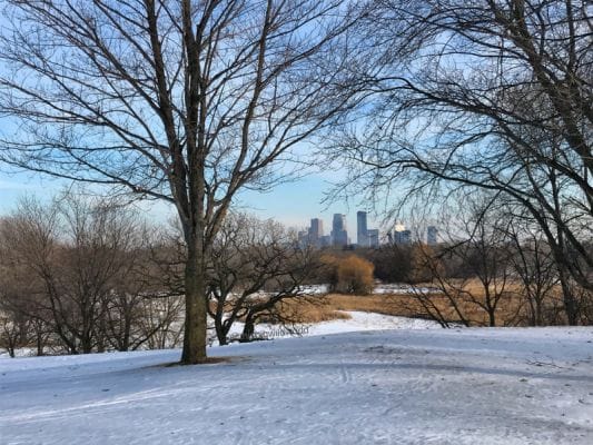 Image of Minneapolis Minnesota skyline as seen from cross-country skiing trails at Theodore Wirth Park.
