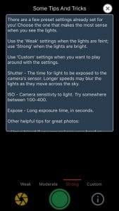 Screenshot of app to photograph the Northern Lights with an iPhone.