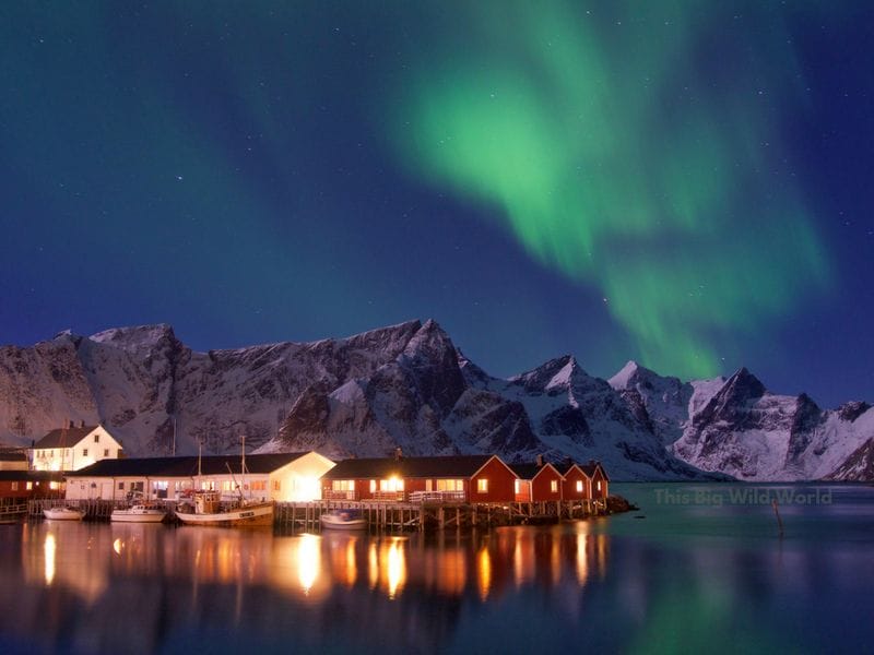 The Northern Lights danced across the sky in the Lofoten Islands in Norway. Photographed using a mirrorless camera with a tripod.