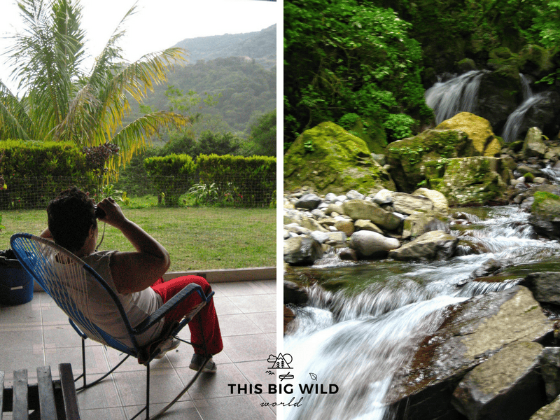 On the left, the woman whose property has access to the waterfall hike near Monteverde Costa Rica, rocking in her chair on the porch. One the right, the very small waterfall we played in.