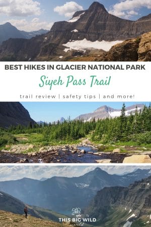 Text: Best Hikes in Glacier National Park - Siyeh Pass Trail. Trail Review, Safety Tips, and More! Images: Glacier resting alongside a mountain, stream crossing through a lush green forest with mountains in the distance, view of a valley below and mountains in the distance from Siyeh Pass.