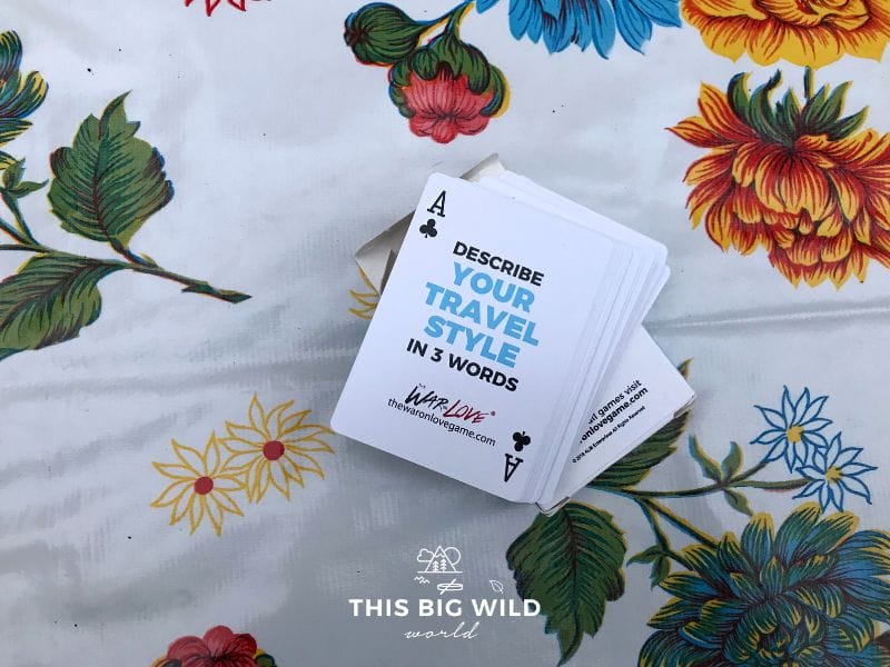 Playing the Catch Flights and Feelings card game at Two Pony Gardens and Pizza Farm in Minnesota.