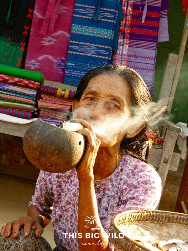 This woman was smoking cheroot and hustling her goods while I explored Bagan by scooter. Scootering around is one of the unique things to do in Bagan!