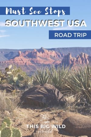 Text: Must See Stops Southwest USA Road Trip
Image: Red rocks formations and mountains in Sedona Arizona as far out as the horizon. In the foreground are low jagged leafed plants and cacti and large rocks. Overhead is a blue sky with a few white clouds.