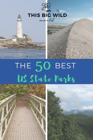 Text reads "The 50 best US State Parks" over four images. Top left: a white lighthouse with dark blue water surrounding it and a light blue sky above. Top right: The tip of a sand dune with a lake and grass in the distance behind it. Blue sky above. Bottom left: A metal bridge leads to a dirt trail surrounded by trees in bright fall colors. Bottom right: Bright green trees extend all the way to the horizon from the top of a mountain with big fluffy white clouds in the sky.