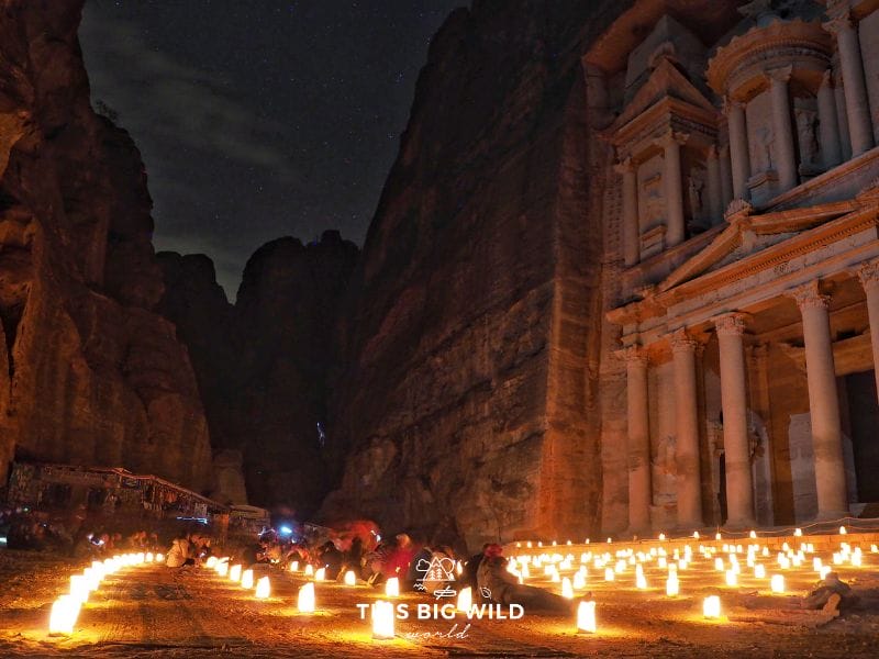 Petra by Night is a magical way to see the Treasury. It's lit up by candlelight with the starry night sky above.