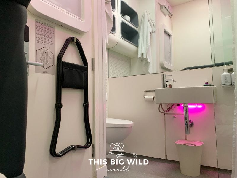 The Yotel Amsterdam single cabin comes with a toilet, sink, and rain shower so you can feel fresh and clean after your layover in Amsterdam.