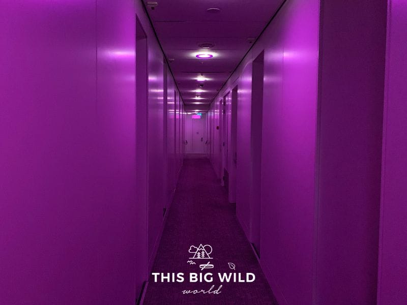 The dimly lit purple hallway of Yotel Amsterdam leads you to a relaxing cabin to sleep during a layover in Amsterdam.