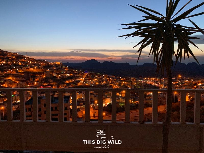Enjoy the sunset over Wadi Musa while you visit Petra! Here's the sunset view from the patio at Rocky Mountain Hotel overlooking the valley below!