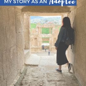 Text: DNA Tourism - My Story as an Adoptee Image: Silhouette of me in a narrow brick archway looking out on to ruins surrounded by green grass.