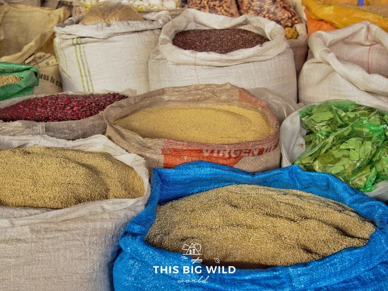 Quinoa is a staple food in Peru. Large bags of all types of quinoa were available in the Mercado de Abastos in Cusco.