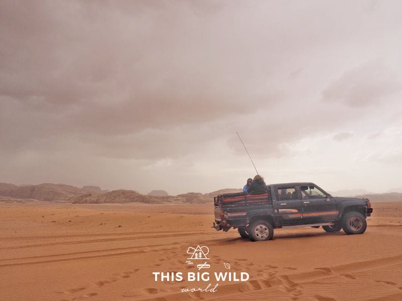 Your Wadi Rum Jeep tour might not be in an actual Jeep. Ours was in a four wheel drive truck as shown here.