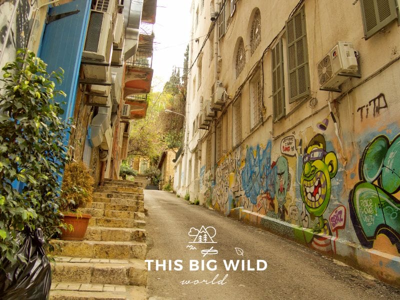 Colorful street art along one of the many narrow streets in Beirut's Gemmayzeh neighborhood.