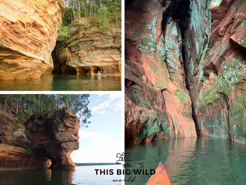 The mainland sea caves in the Apostle Islands come in all shapes and sizes. Some are large enough for many kayaks to be in at once, and others are only wide enough for a single kayak!