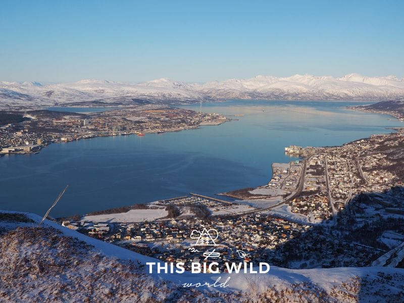 Enjoy the view of Tromso from above by riding the Fjellheisen cable car, with snowcapped mountains in the background and bright blue water surrounding the island.