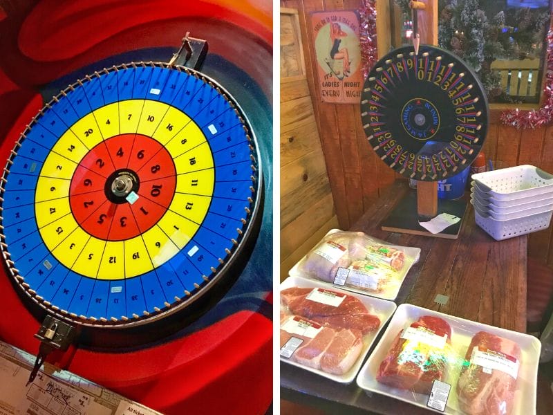 On the left, is a tri-wheel which has 3 concentric rings colored red, yellow and blue. Each set of rings has numbers on it and players bet on which color/ number will win! On the right is a similar wheel at a meat raffle, with 3 trays of raw meat waiting to go to the winners.