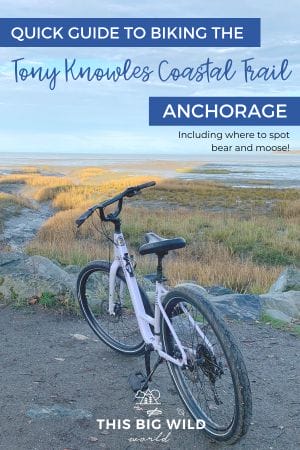 Text: Quick guide to biking the Tony Knowles Coastal Trail Anchorage, including where to spot bear and moose! Image: a bike parked along the coast in Anchorage with mountains in the distance.