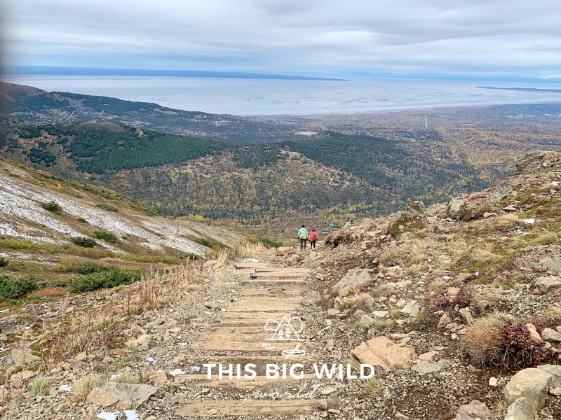 Much of the Flattop Mountain Trail is steep with large railroad ties for stairs. 