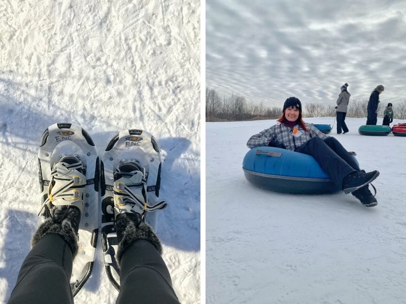 Snowshoeing and tubing down snow hills are both popular winter outdoor activities in Minnesota. Left: Snowshoes on my feet as I head out for an afternoon on the trail. Right: Me sitting inside of a tube on a gray winter day while I wait my turn to slide down the snowy hill.