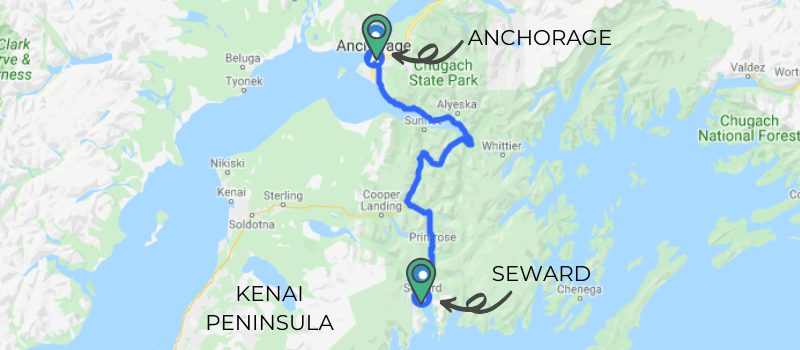 Seward is about 120 miles south of Anchorage on the Kenai Peninsula.
