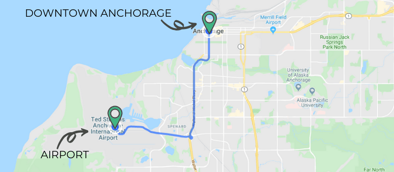 Map showing distance from Ted Stevens Anchorage International Airport to Downtown Anchorage.