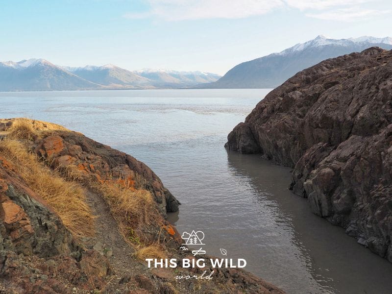 View across the Cook Inlet from Beluga Point along the Old Seward Highway near Anchorage Alaska.