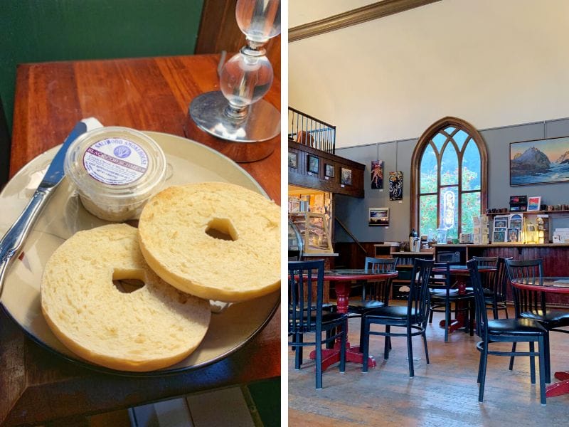 On the left, a plain bagel on a plate with Resurrect Art's delicious black cod shmear. On the right, the interior of Resurrect Art in Seward which is in a repurposed church with arched windows.