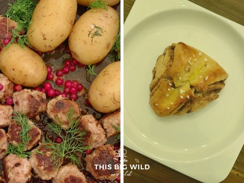 On the left, an up close photo of Finnish meatballs and dill potatoes with bright red lingonberries and fresh dill. On the right, a Finnish cinnamon bun on a white plate just after it was removed from the oven. 
