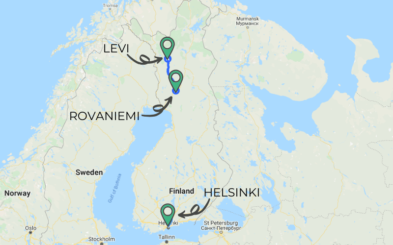 A map of Finland shows Helsinki at the very southern tip of the country and Levi in the northern part of the country. Rovaniemi is just a short distance south of Levi.
