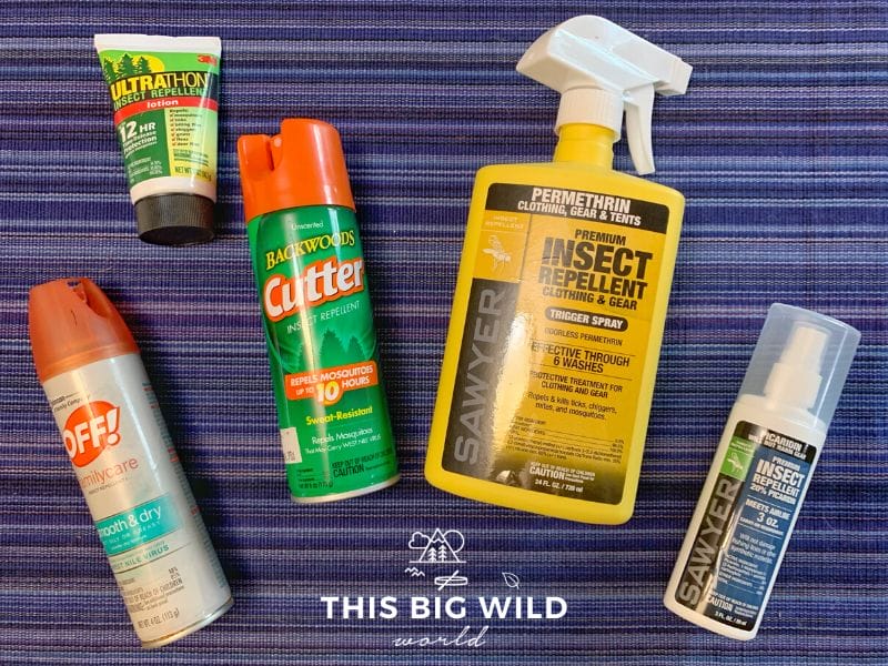 Products to avoid ticks while hiking, from left to right: Off! FamilyCare spray with DEET, Ultrathon DEET-based lotion in travel size, Cutter Backwood with DEET, Sawyer Permethrin spray for clothing, and Sawyer Picaridin-based insect repellent spray.