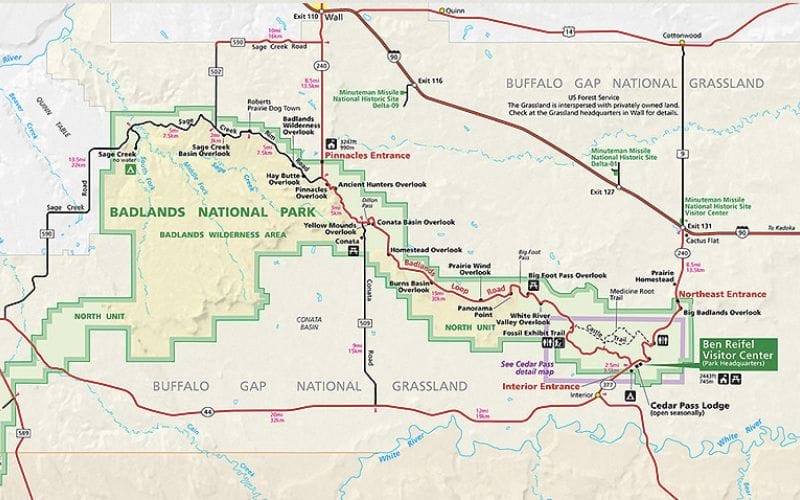 Map showing an overview of Badlands National Park and the surrounding area, including Highway 90 to the north and Highway 44 to the south.