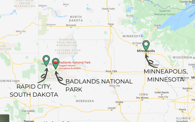 Map of South Dakota and surrounding states with markers showing Badlands National Park in the southwestern part of the state, Rapid City, and Minneapolis.