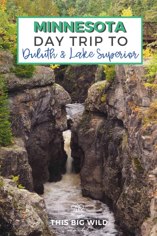 Text: Minnesota day trip to Duluth & Lake Superior
Image: Water rushes through a gorge lined on either side green and yellow moss and trees on Minnesota's North Shore of Lake Superior.