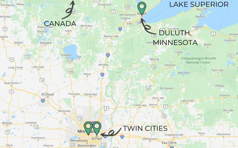 A map shows the Twin Cities of Minneapolis and St Paul in bottom center. In the upper right hand corner of the map is Duluth, located at the western corner of Lake Superior. On the upper left side of the map is an arrow pointing up towards the Canadian border.