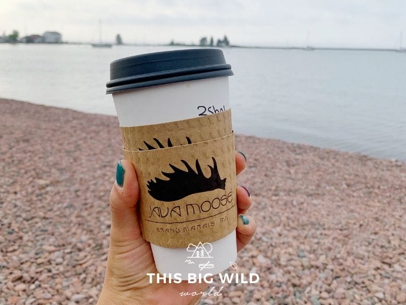 A woman's hand with teal nail polish holds a disposable cup of Java Moose coffee with a rocky shore and Lake Superior in the background. 