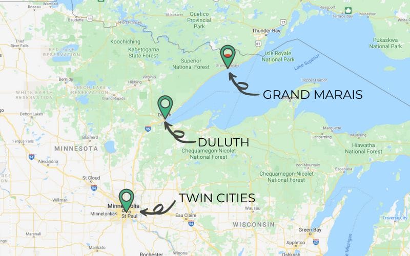 Map of northern Minnesota shows a marker on the Twin Cities of Minneapolis and St Paul, another northeast of there on the tip of Lake Superior for Duluth, and a final marker on the north shore near Canada for Grand Marais, Minnesota.