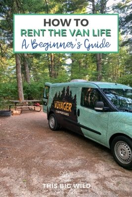 Text: How to rent the van life - A Beginner's Guide
Image: A campervan is backed into a campsite. It is wrapped in a bright turquoise and black graphic reading Voyager Campervans. Behind the van is green forest and blue sky.