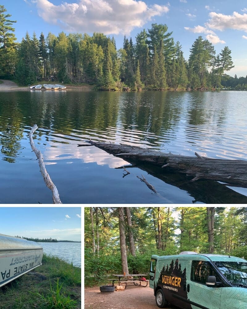Top: Metal canoes rest next to the boat launch at Bear Head Lake State Park. The shoreline is lined with green pine trees. Bottom Left: Metal canoe rests upside down near the swimming beach with the water next to it. Bottom Right: A campervan is backed into a campsite with a picnic table surrounded by tall pine trees.