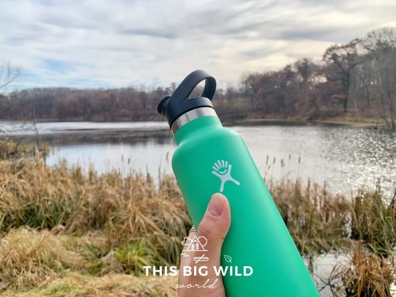 A mint green Hydroflask water bottle is being held up in front of a lake with tall yellow grass growing around it.