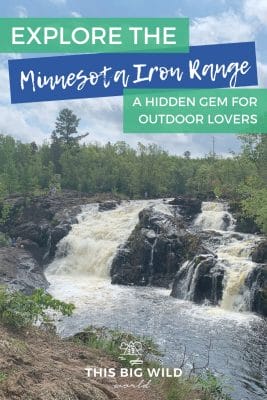 Text: Explore the Minnesota Iron Range - A hidden gem for outdoor lovers Image: Two waterfalls side by side flow over dark rock surrounded by lush green forest.