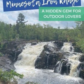Text: Explore the Minnesota Iron Range - A hidden gem for outdoor lovers Image: Two waterfalls side by side flow over dark rock surrounded by lush green forest.