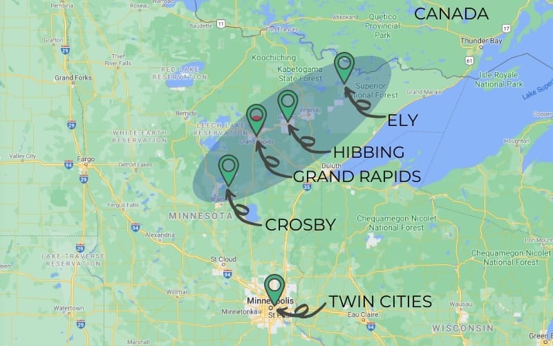 Map of Minnesota showing the Twin Cities in the south and a blue oval over the Iron Range in the north, stretching from Crosby in the west to past Ely in the East, near Canada.