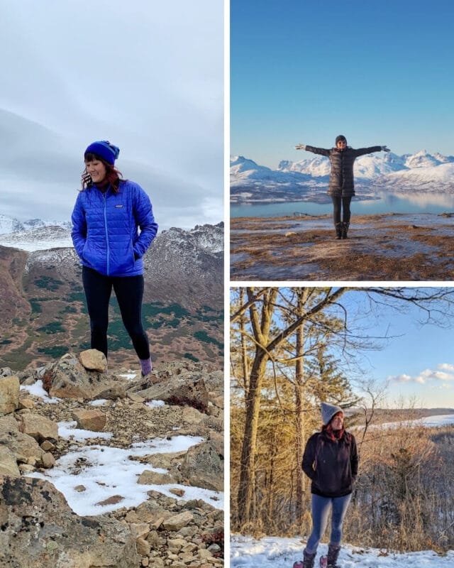 Three photos of what to wear for winter hiking. Left: Winter hiking near Anchorage Alaska. Top Right: Winter hiking in Tromso Norway. Bottom Right: Snowshoeing in Minnesota.