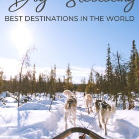 Text: Dog Sledding - Best Destinations in the World Image: Team of huskies pulling a sled through a snow covered forest with blue skies and sun overhead.