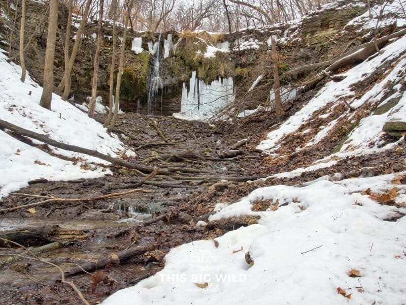 Water trickles in a stream at the bottom of a muddy ravine. On either side is a snow covered snowbank. In the distance is Shadow Falls trickling down the rock wall lined with icicles.