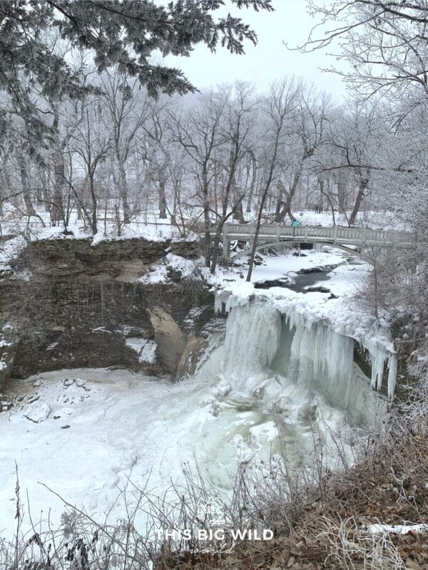 Water flows below a bridge and down the massive frozen waterfall creating a large ice formation at Minneopa Falls. The surrounding forest is covered in a beautiful dusting of frost and snow.